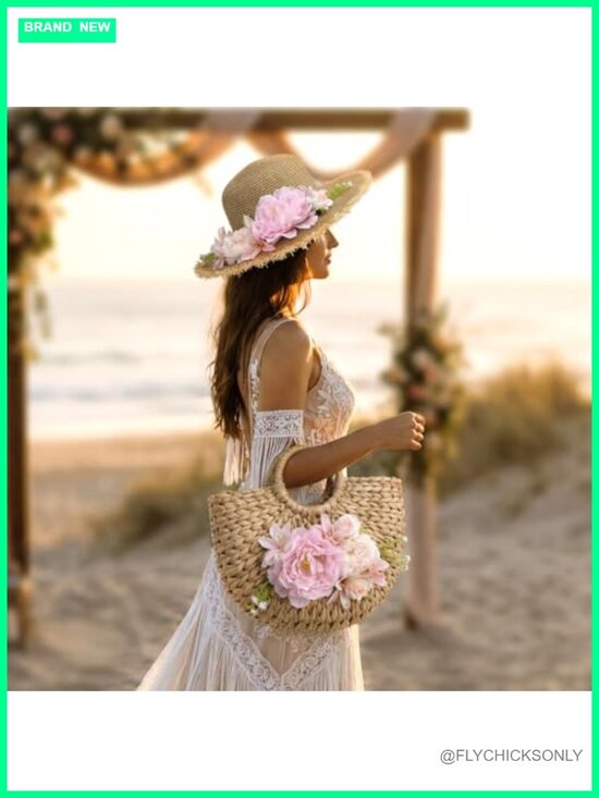 2-Piece Handcrafted Straw Sun Hat & Tote Bag Set Boho Wedding Bridal Shower main image 4